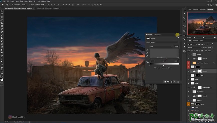 Photoshop合成城市废墟场景中准备振翅飞翔的天使少年。