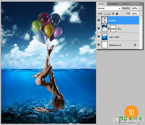 Photoshop合成一个部分淹没的水中裸体美女人像艺术照