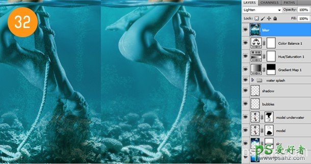 Photoshop合成一个部分淹没的水中裸体美女人像艺术照