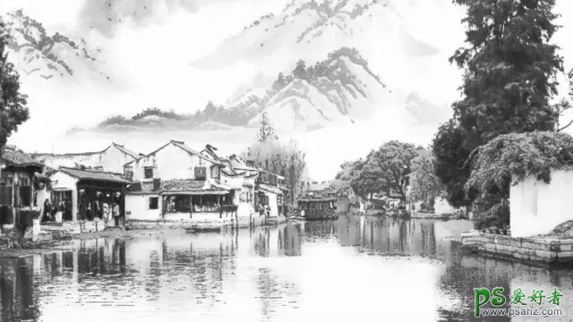 Photoshop照片后期教程：给唯美的江南水乡风景照片制作成水墨画