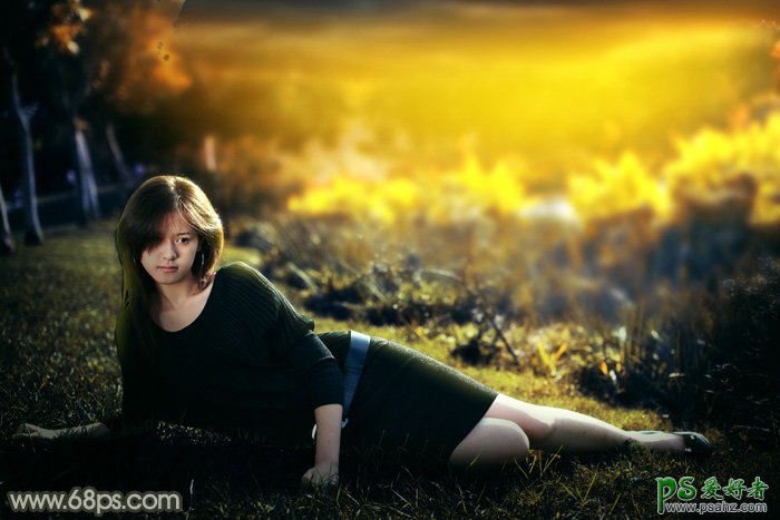 Photoshop给风流性感美少妇外拍个人写真照调出暗黄夕阳色
