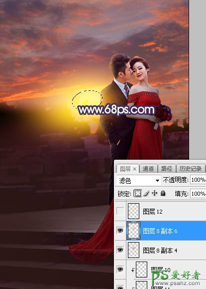 Photoshop给外景拍摄的红色长裙美女婚纱艺术照调出大气的红色霞