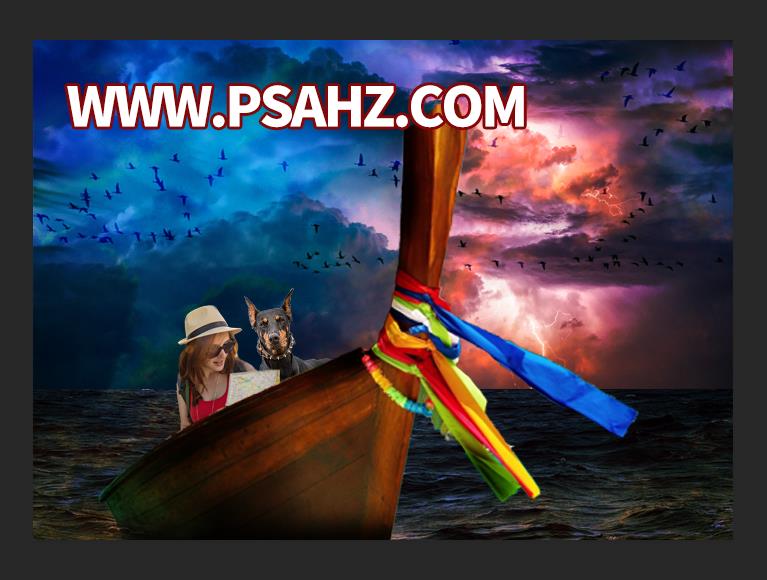 PS照片合成教程：创意打造狗狗与美女主人在海上冒险的场景