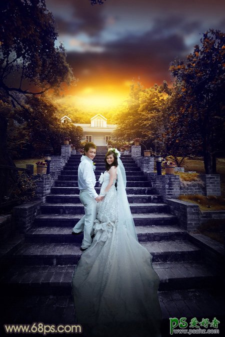PS调色教程:给古建筑风景图片中拍摄的情侣婚纱照调出唯美的黄色