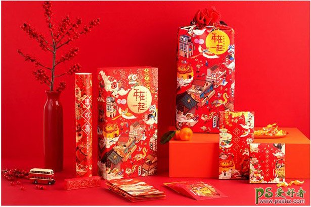 红火喜庆风格的新年主题包装作品，欢乐年礼品盒包装设计。