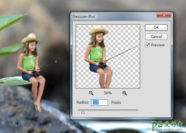 Photoshop合成一幅在坐在河流中的小草上钓鱼的小女孩儿景象