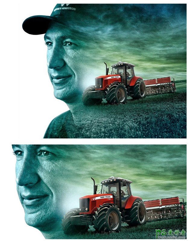 一组拖拉机与人物头像合成的海报作品，拖拉机海报设计。