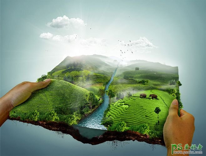 一组大气经典的生态景观合成图片，双手握住的美丽大陆合成图片。