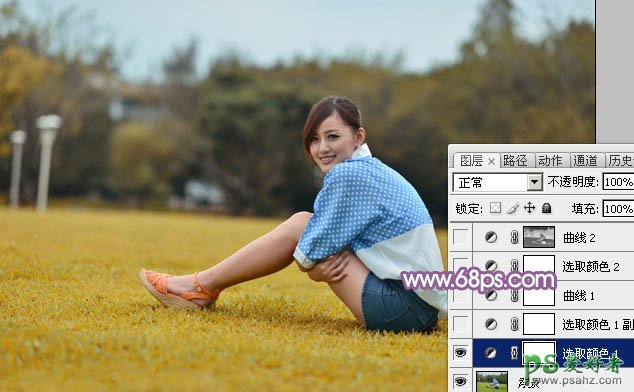 photoshop给公园草地上自拍的甜美女孩儿生活照调出淡调蓝黄色