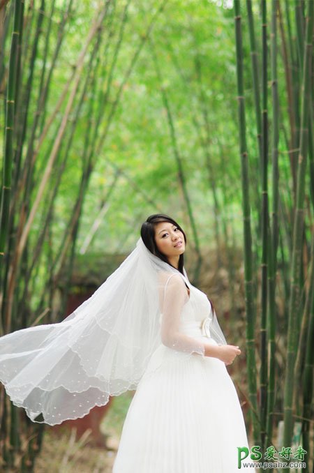 PS调色教程：给漂亮的竹林婚片少女写真照调出古典黄绿色