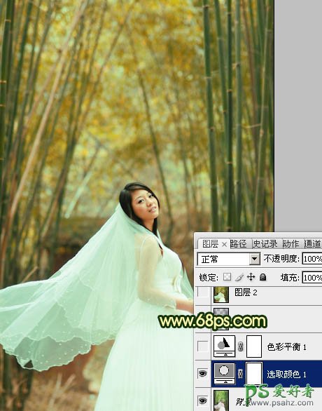 PS调色教程：给漂亮的竹林婚片少女写真照调出古典黄绿色