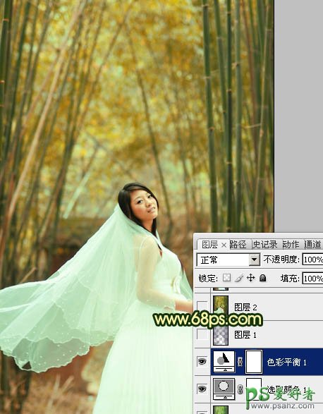 PS调色教程：给漂亮的竹林婚片少女写真照调出古典黄绿色