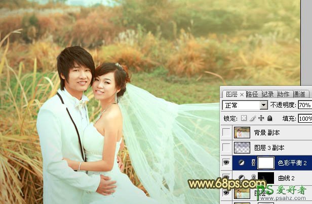 photoshop给情侣婚纱照调出暖暖的秋景金色效果