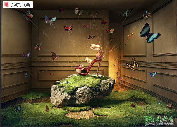 创意童话世界场景鞋类宣传海报，用童话场景来展示鞋子的海报广告