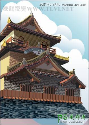 CorelDRAW绘制漂亮的中国古建筑风景图片，古典建筑城楼图片