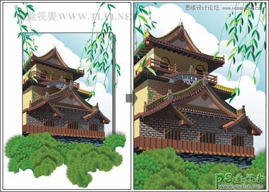 CorelDRAW绘制漂亮的中国古建筑风景图片，古典建筑城楼图片