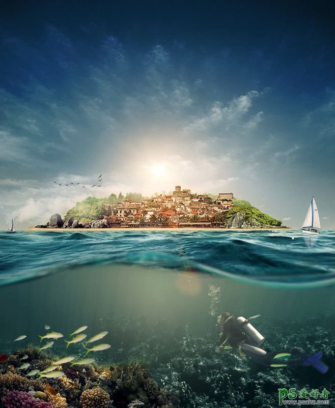 创意海岛合成作品，利用小岛素材图来合成的漂亮海报图片。