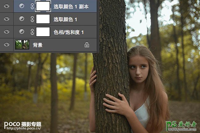 PS给夏日树林中自拍的欧美唯美少女图片制作出秋季红树林效果