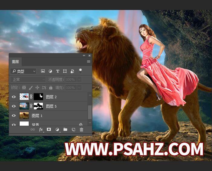 Photoshop创意合成落日夕阳下骑着狮子的美女，美女与野兽经典合