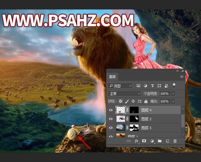 Photoshop创意合成落日夕阳下骑着狮子的美女，美女与野兽经典合