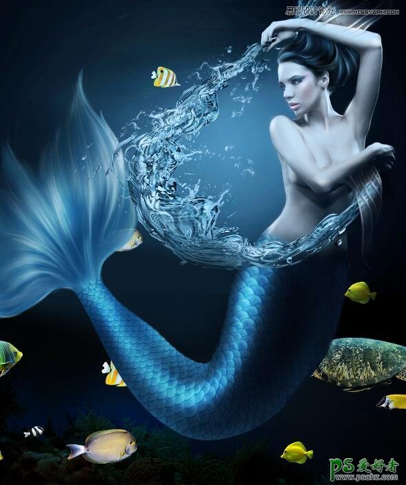 Photoshop创意合成海水中的美人鱼海报，时尚性感美人鱼场景图片
