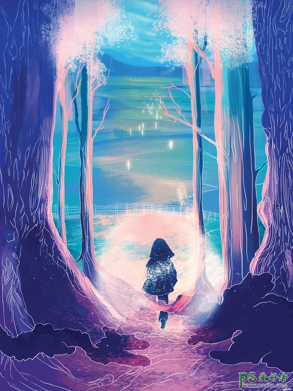 PS插画制作教程：设计春季主题风格的紫色梦幻效果美少女插画图片