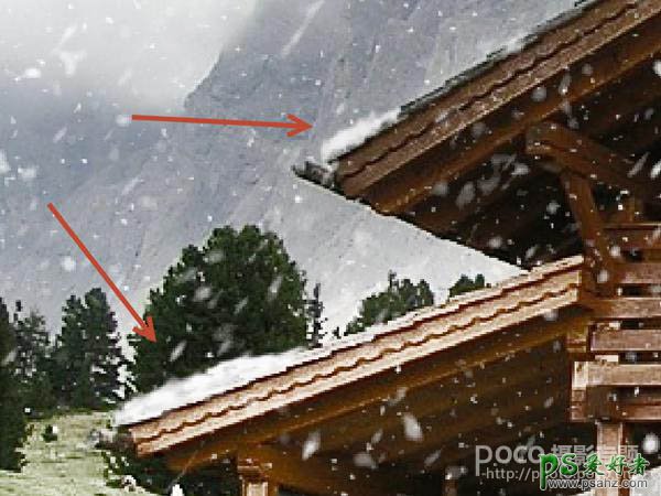 Photoshop给别墅风景图片快速制作出雪景效果，飘雪图片制作教程