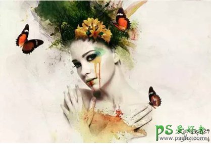 PS人像后期：利用水彩渲染和树枝花朵蝴蝶制作抽象水彩美女头像。