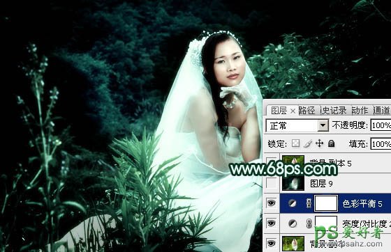 photoshop快速调出古典暗绿色美女婚片写真照