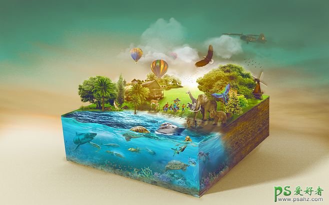 立体自然景观场景海报作品，3D立体效果的生态景观合成设计。