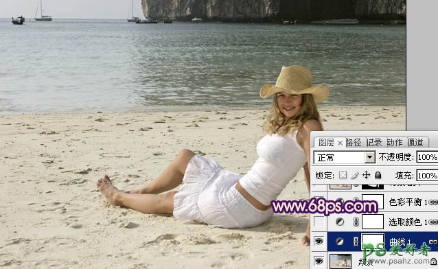 PS调色教程：给海滩上的欧美少女图片调出唯美霞光色