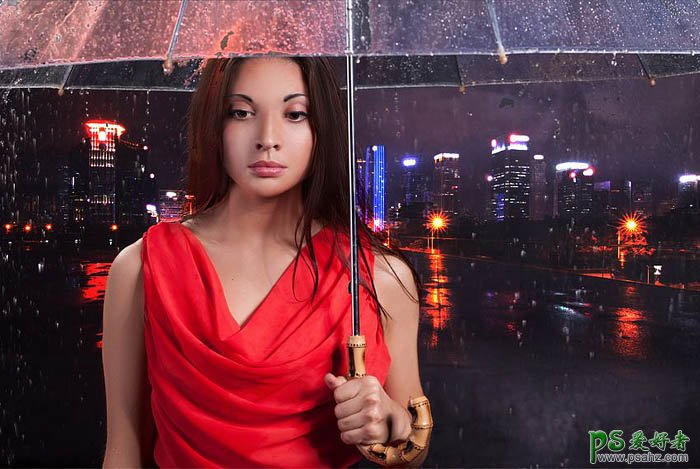 PS美女图片合成教程：打造璀璨雨夜中独自行走的少女，雨中漫步