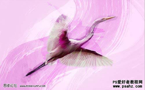 利用素材photoshop设计漂亮的仙鹤水彩画效果图教程