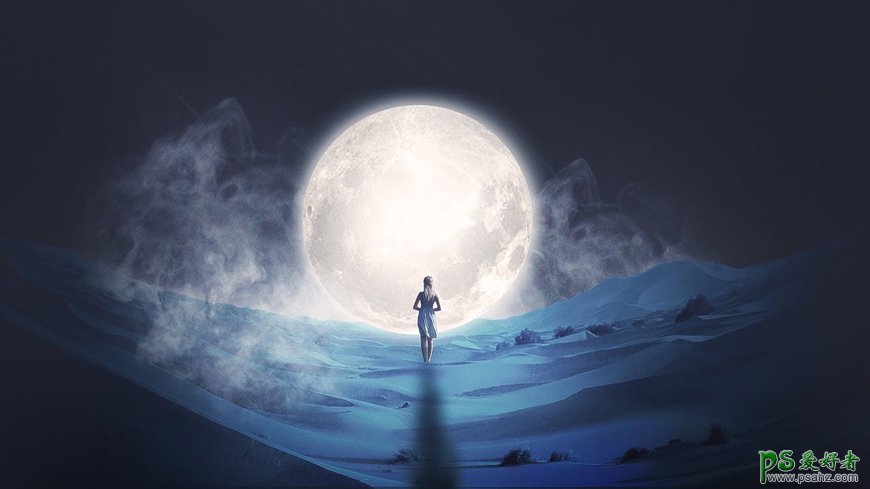 PS奇幻合成实例：创意打造夜幕下走向月球的女孩儿奇幻场景。
