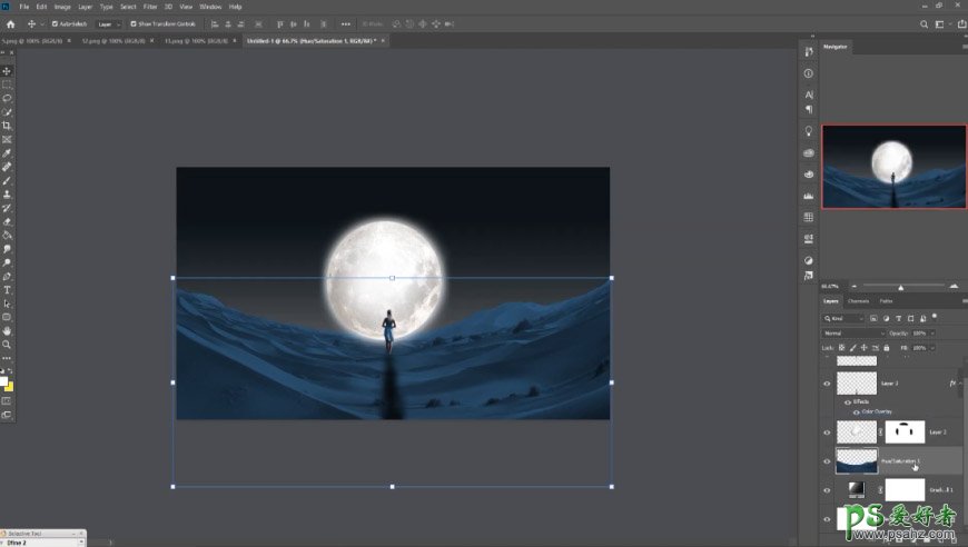PS奇幻合成实例：创意打造夜幕下走向月球的女孩儿奇幻场景。