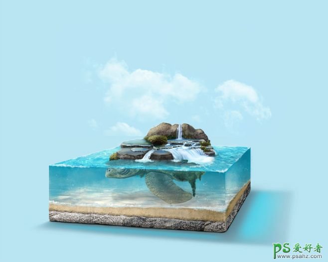 立体水面合成设计，清澈的水切面场景合成作品欣赏。