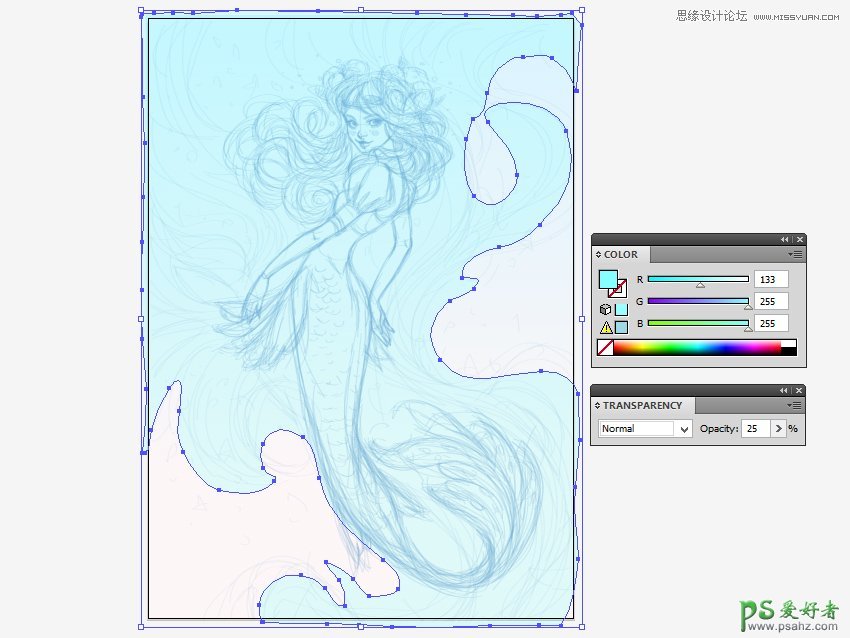 Illustrator插画制作教程：绘制唯美风格的美人鱼插画，水彩美人