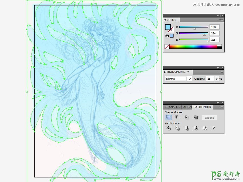 Illustrator插画制作教程：绘制唯美风格的美人鱼插画，水彩美人