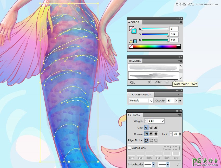 Illustrator插画制作教程：绘制唯美风格的美人鱼插画，水彩美人