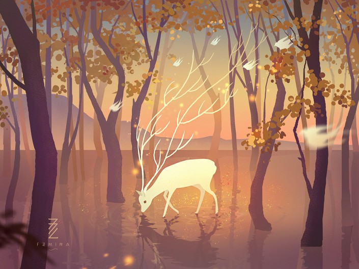 手绘一只唯美梦幻的小鹿插画图片场景 PS插画制作实例