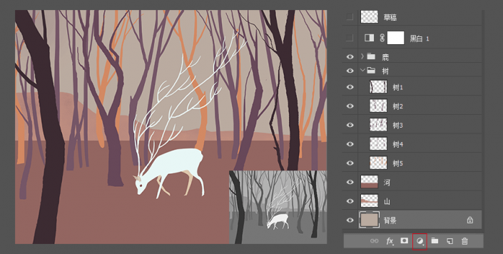 PS插画制作实例：手绘一只唯美梦幻的小鹿插画图片场景。