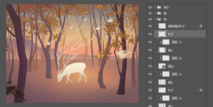 PS插画制作实例：手绘一只唯美梦幻的小鹿插画图片场景。