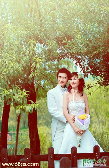 photoshop调出甜美青色效果树林情侣婚纱写真照