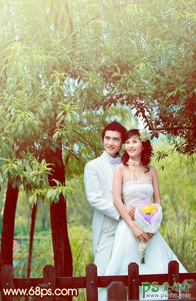 photoshop调出甜美青色效果树林情侣婚纱写真照