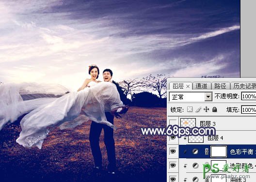 Photoshop婚片调色教程：给清新自然的外景婚片调出秋季蓝紫色效