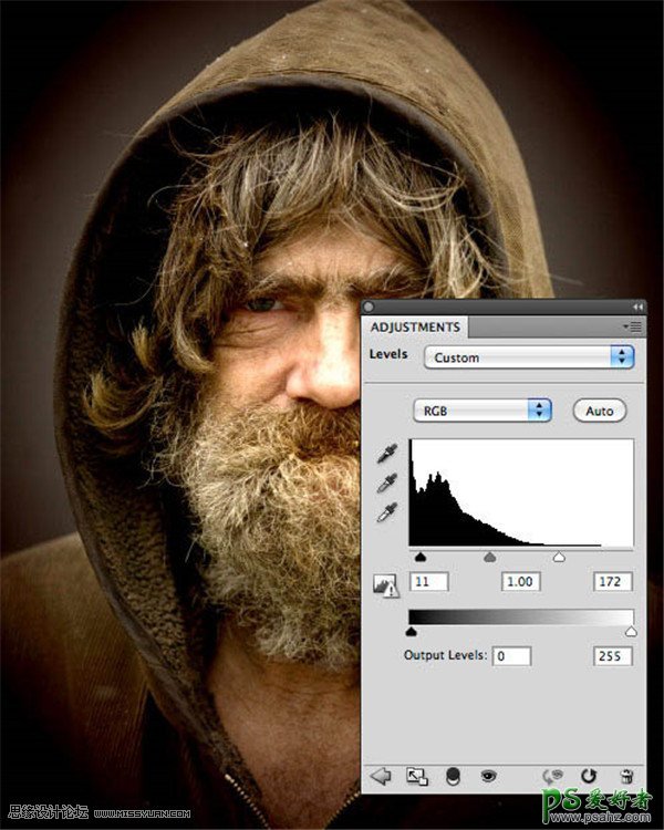 PS照片修复教程：学习给曝光不足的大胡子老人肖像照片进行锐化。