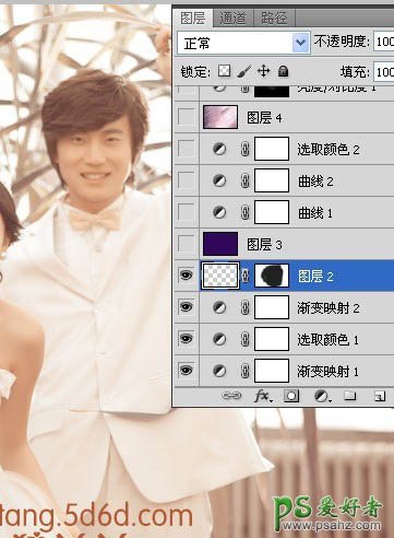 photoshop快速调出浪漫的蓝紫色庄嫁地里的情侣婚片