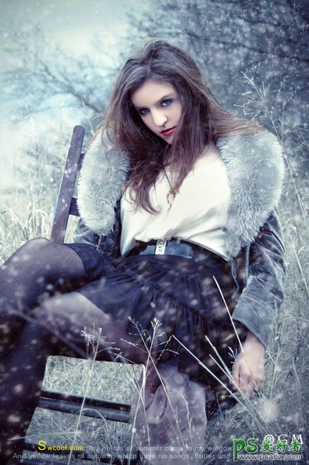 Photoshop给的欧美黑丝少妇性感照片制作出唯美梦幻的冬季场景特