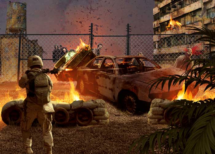 Photoshop合成丧尸来袭战争场景,恐怖电影丧尸袭击城市的场景。