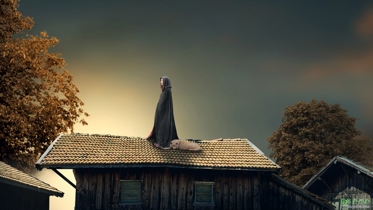 PS人像合成实例：创意合成站在古建筑屋顶上戴斗篷的狐狸女巫。